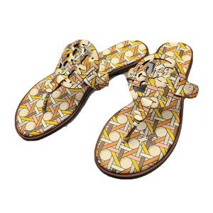 Tory Burch Sandals Slide Thong Miller Pink Caning Logo Printed Leather Sz 7 New